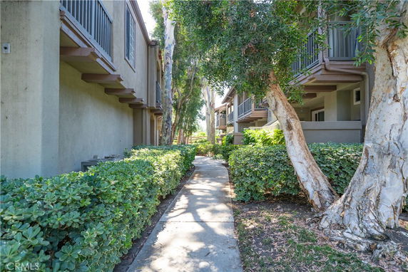 Pathway between residential buildings with balconies and greenery.