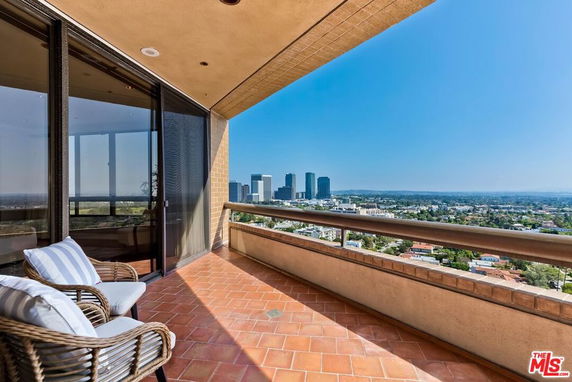 Panoramic view from a balcony with cityscape in the distance.