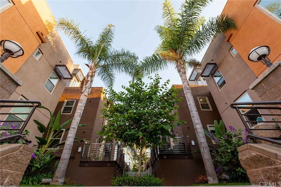 Front view of a multi-story building with palm trees and modern design.