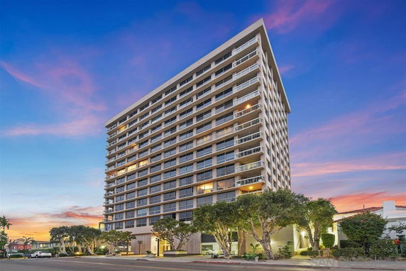 Front view of a multi-story high-rise building