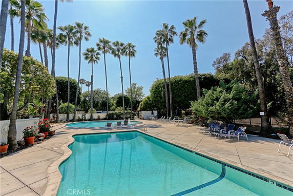 Outdoor swimming pool area with lounge chairs and palm trees.