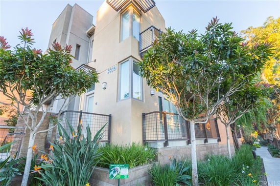 Front view of a modern multi-story house with corner windows and surrounding plants.