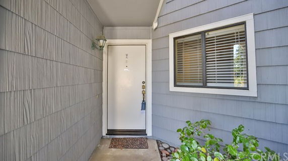 Front view of a house entrance with a white door and a window beside it.