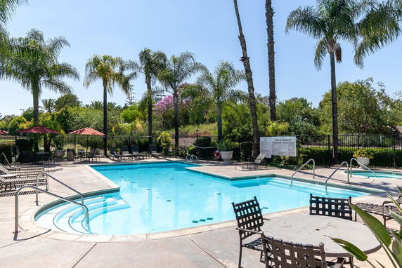 Outdoor swimming pool area with poolside chairs and umbrellas surrounded by palm trees.
