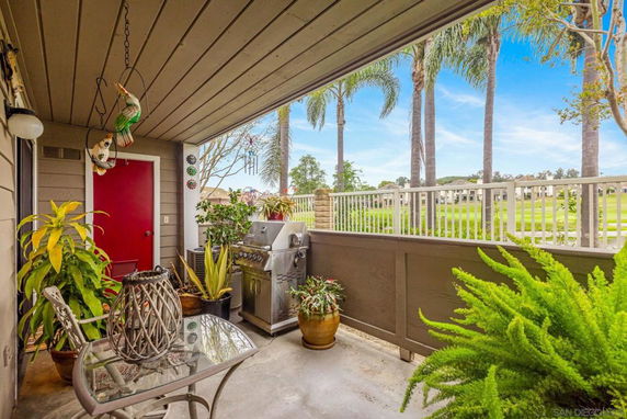Covered outdoor patio area with plants and a grill, overlooking palm trees and grassy area.