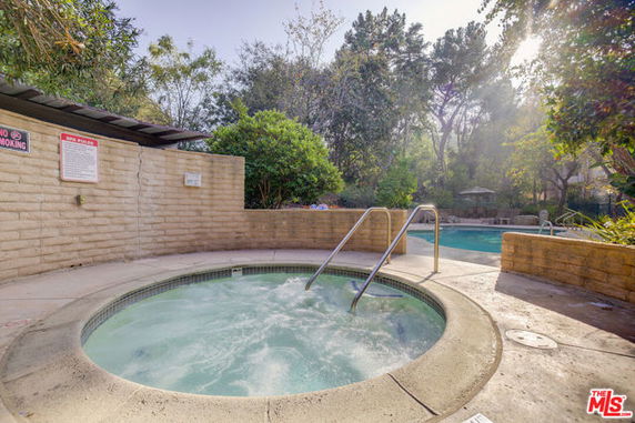 Outdoor jacuzzi and swimming pool surrounded by trees and bushes.