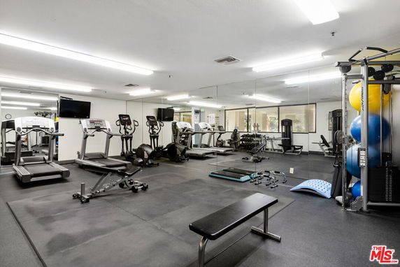 Interior view of a gym with treadmills and exercise equipment