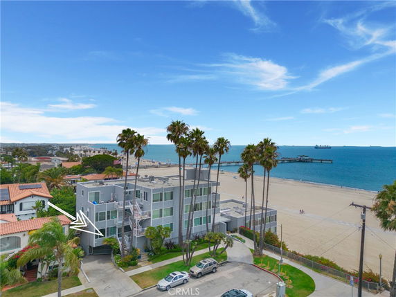 Front view of a multi-story beachfront building with palm trees.