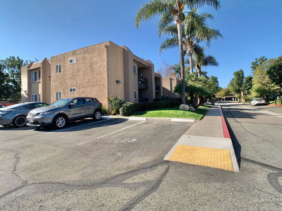 Outdoor parking area beside a multi-story building with palm trees nearby.