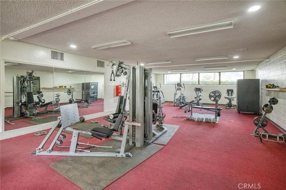 Indoor gym area with exercise equipment and red carpeting.