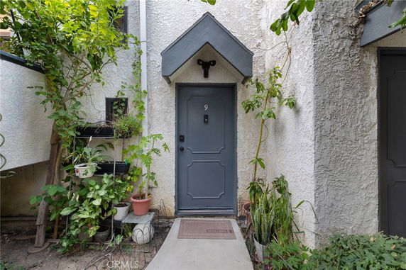 Front view of an entryway with a gray door numbered '9', surrounded by potted plants and a small porch area.