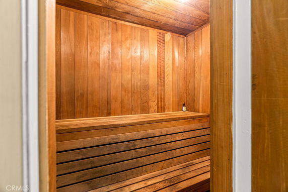 Interior view of a wooden sauna room.