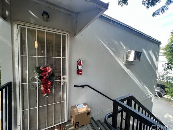 Entrance area of a building with a decorated door and a small staircase.