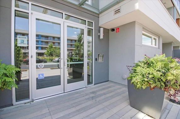 Front view of a modern building entrance with glass doors and potted plants.
