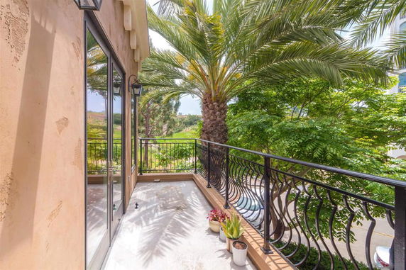 Balcony view with railings overlooking lush greenery and distant trees.