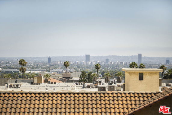 Panoramic view of cityscape with buildings and palm trees.