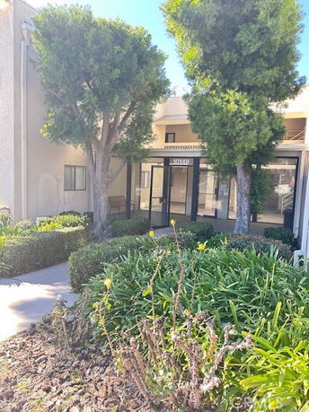 Entrance view of a building with glass doors and surrounding greenery.
