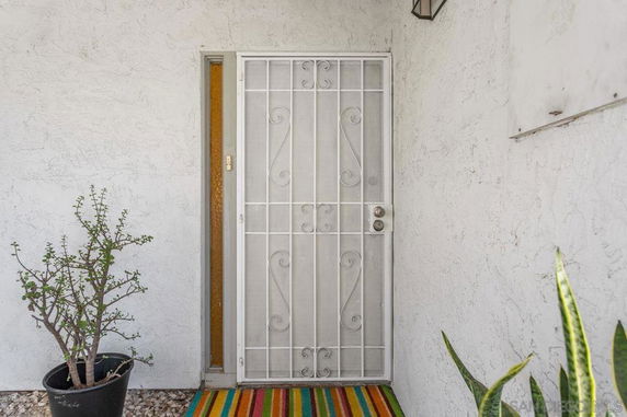 Front entrance of a house with a security screen door and potted plants.