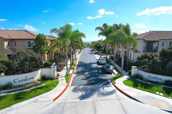 Street view in a residential area with houses on both sides.