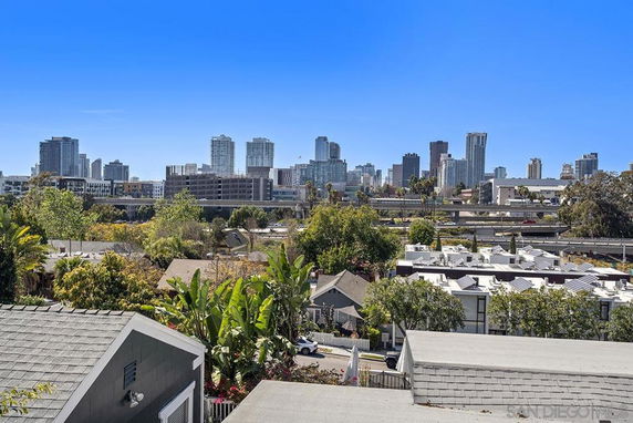 Wide-angle view of city skyline with buildings and greenery in the foreground.