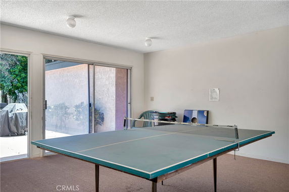 Interior room with a ping pong table and glass sliding doors.