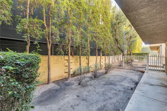 Outdoor area with trees and a concrete pathway next to a building.