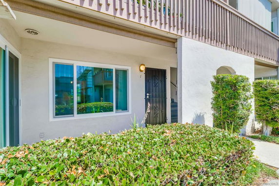 Front view of a residential building with a window and a door, surrounded by shrubs.