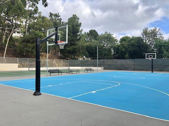 Outdoor basketball court with blue surface and surrounding trees.