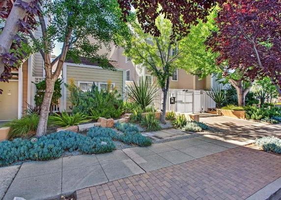 Front view of a multi-story house with a garden and walkway.