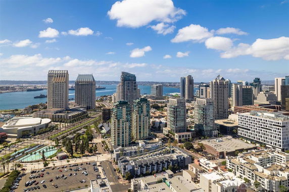 Panoramic view of a city skyline with high-rise buildings and a waterfront.