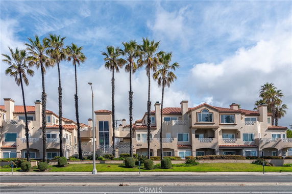 Front view of a multi-story building with a row of palm trees.