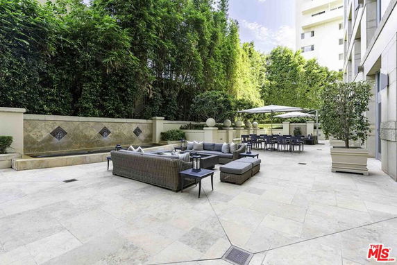 Outdoor patio area with seating and dining arrangements surrounded by high bushes and a building wall.