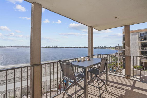 Balcony view overlooking a waterfront with buildings in the distance.