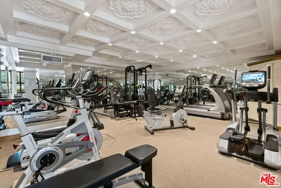 Indoor gym area with exercise equipment and decorative ceiling.