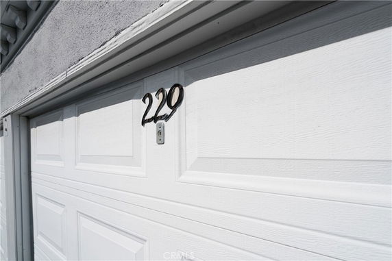 Close-up view of a garage door with the number 229 on it.