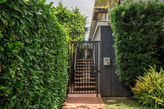 Entrance with gate and steps leading to a building, surrounded by hedges.