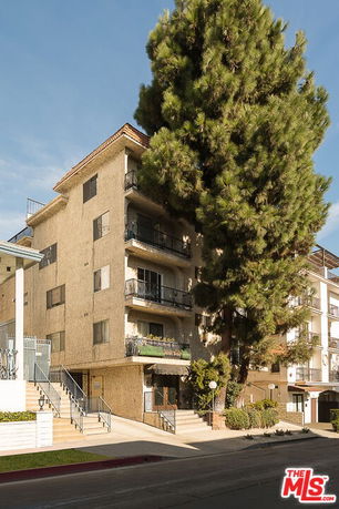 Front view of a multi-story apartment building with balconies and a large tree beside it.