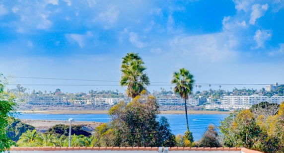 Wide angle view of water and surrounding buildings seen from the building.