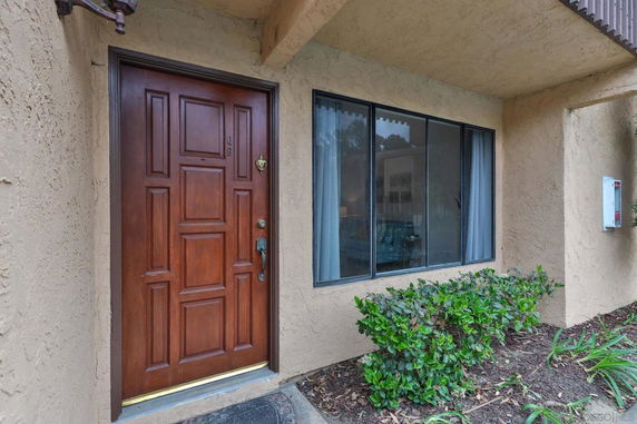Front view of a building with a wooden door and adjacent window.
