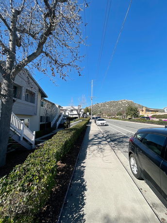 Street view with houses and a mountain in the background.