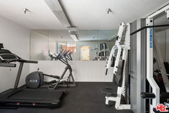 Room equipped with gym equipment including a treadmill and weight machine.