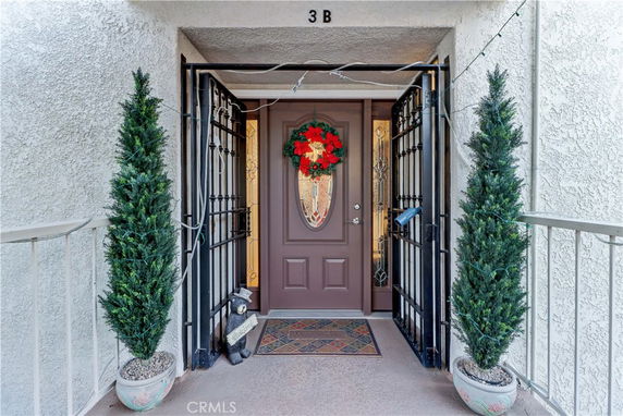 Front view of a house entrance with a decorative door and planters.