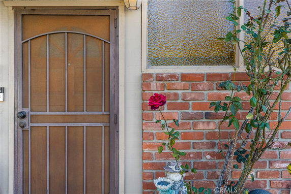 Front view of a house entrance with a brick wall, screen door, and a rose plant.