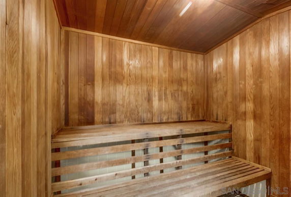 Interior view of a wooden sauna room.