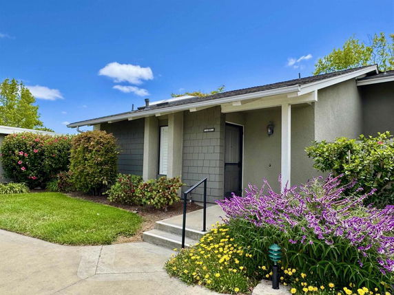 Front view of a single-story house with plants and a walkway.