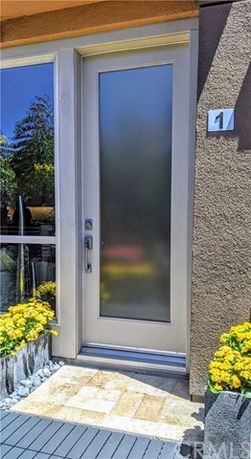 Front view of a building entrance with a frosted glass door and adjacent windows.