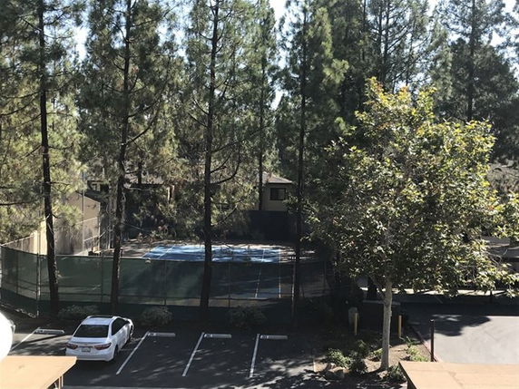 View of a tennis court surrounded by trees and adjacent to a parking area.
