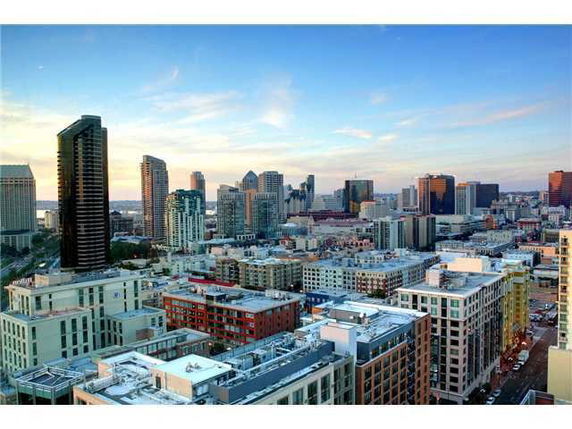 Panoramic view of a city skyline with multiple buildings at sunset.