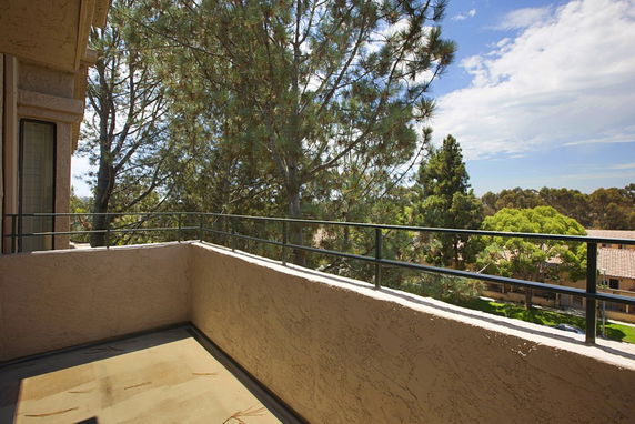 Balcony view with trees and distant landscape.