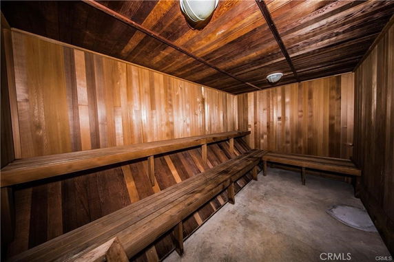 Interior view of a wooden sauna room with benches.